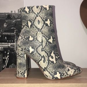 beige faux snake ankle boot